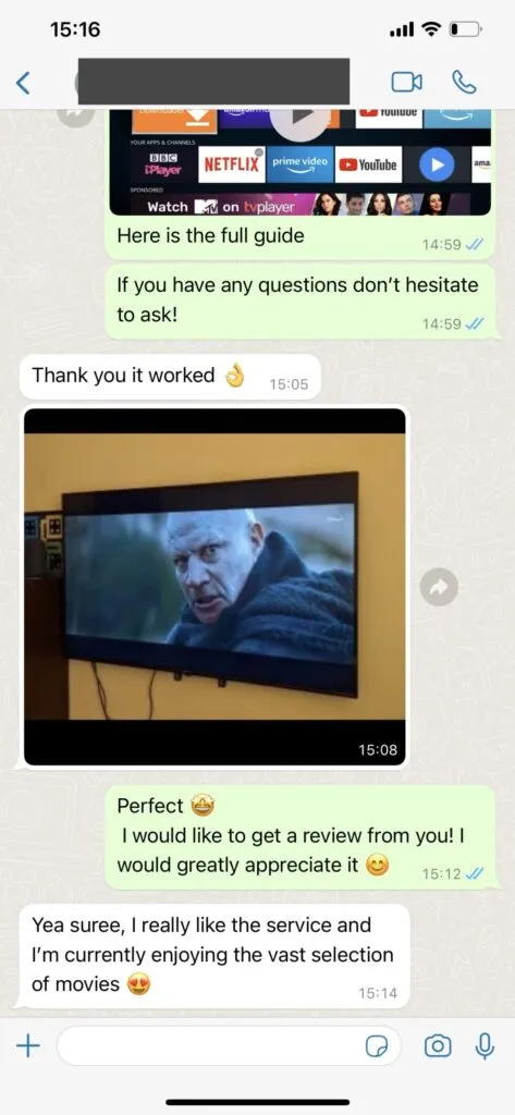 tivioiptv Satisfied Customer WhatsApp Chat Experience Review Screenshot 1